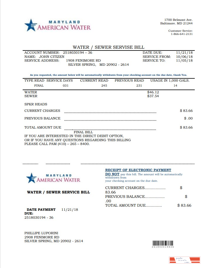 USA Maryland American water utility bill template in Word and PDF format